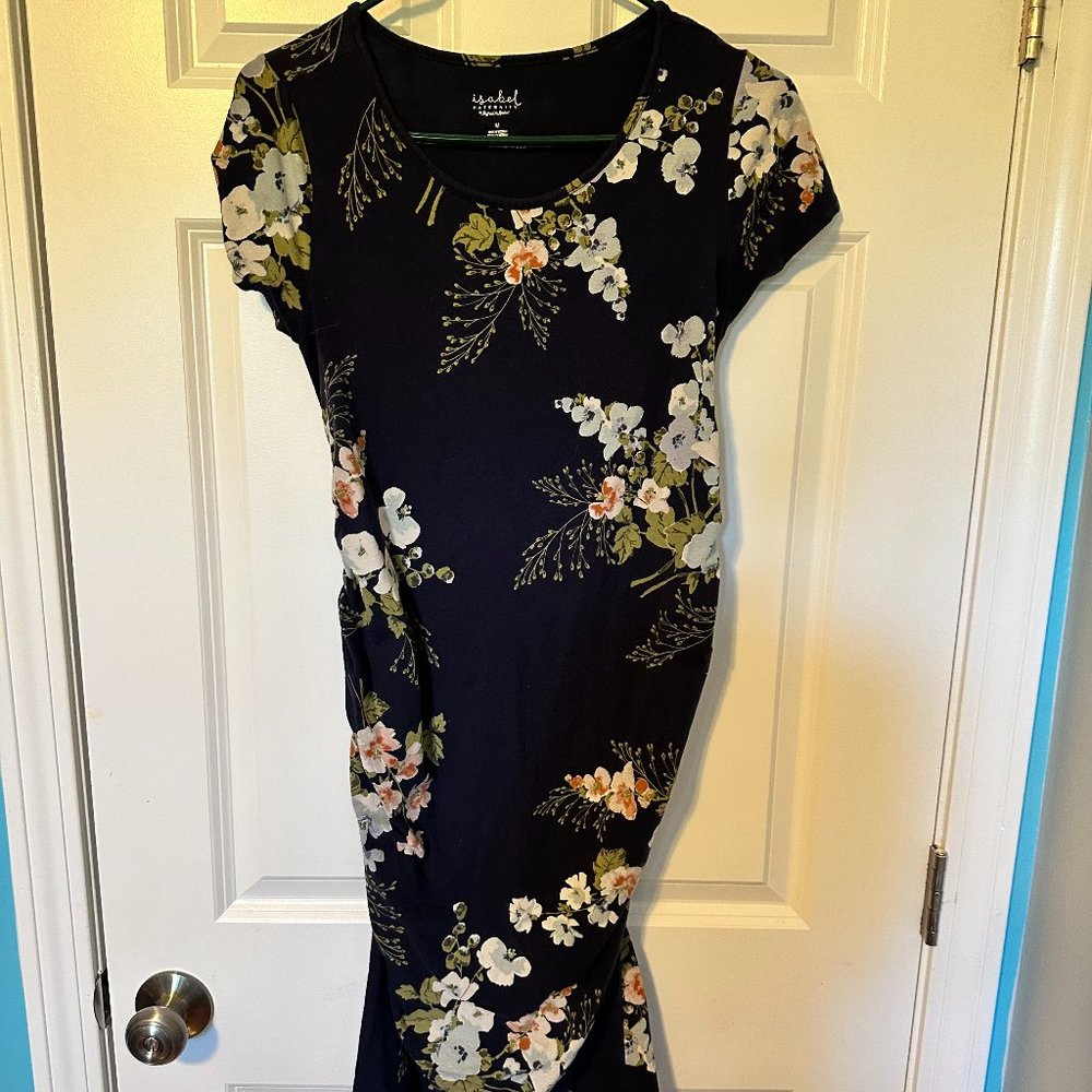 Ingrid & Isabel Maternity - T-Shirt Midi Dress, Blue with Flowers, Size M